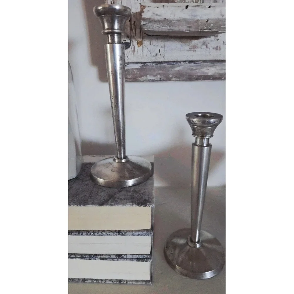 Pottery Barn Silver Metal Taper Candle Holders Set 2 Modern Minimalist Decor